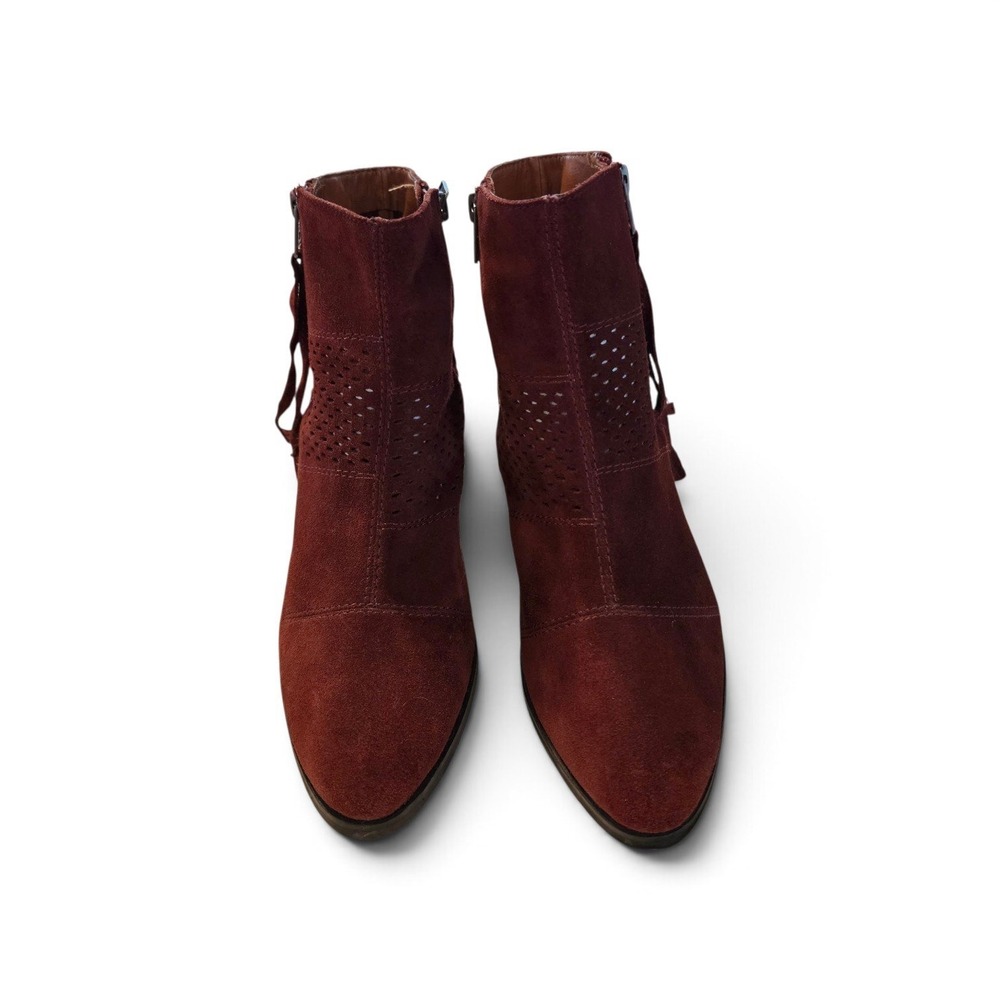 Lucky Brand Burgundy Suede Perforated Ankle Boots Block Heel Women's size 10 M